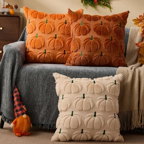 DFXSZ Fall Pillow Covers 18x18 2Pcs Beige Green Pumpkin Fall Decorations - Image 4