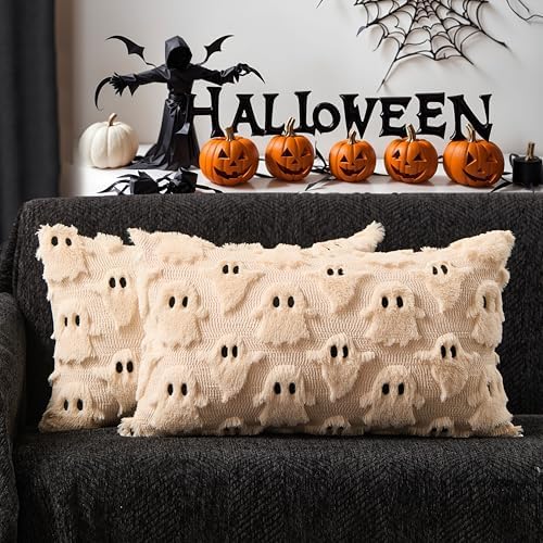 DFXSZ Halloween Pillow Covers 12x20 inch 2Pcs Beige Ghost Halloween Decor by DFXSZ