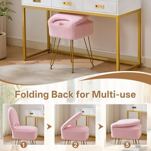 Gitrah Pink Vanity Chair with Storage, Folding Back Faux Fur Vanity Stool, Makeup Ottoman with Gold Legs for Bedroom/Bathroom - Image 4