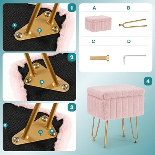 OLIXIS Vanity Stool Chair Faux Fur with Storage, Soft Ottoman 4 Metal Legs with Anti-Slip Feet, Makeup Cute Soft Small Footstool White for Makeup, Cute Small Footrest for Dressing Table - Image 4