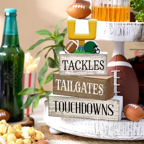 Lineshading 4 Pcs Fall Football Table Decor, Wood Block Sign Home Shelf - Image 2