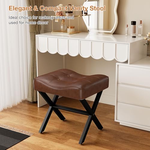 Memobarco 18-Inch Large Leather Vanity Stool Chair, Dark Brown Makeup Stool - Image 5