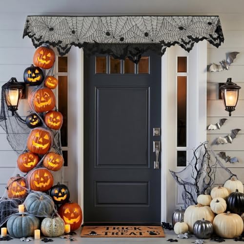 Black Lace Cobweb Halloween Fireplace Mantel Scarf Cover Decor, 18x96 in - Image 4