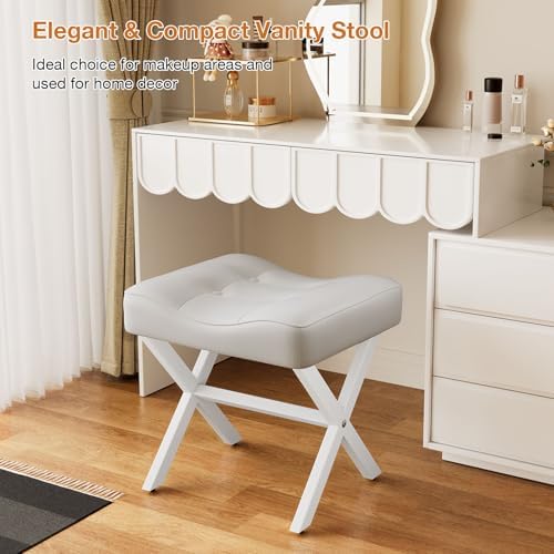 Memobarco 18-Inch Large Leather Vanity Stool Chair, White Makeup Stool - Image 5