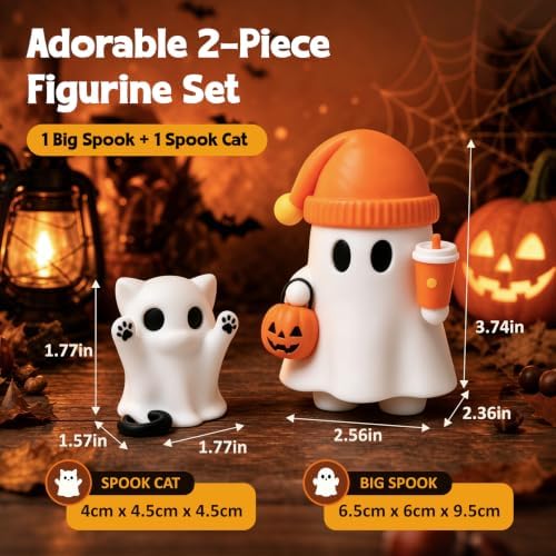 Cute Cat Halloween Ghost Figurine with Pumpkin Bucket and Orange Drink - Image 2