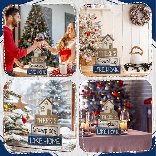 Lineshading 4 Pcs Wood Block Signs Farmhouse Tiered Tray Stacked House - Image 4