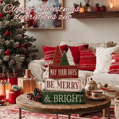 Lineshading 4 Pcs Christmas Table Decor, Wooden Tree Block Signs Home - Image 5