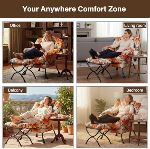 Welnow Lazy Chair with Ottoman, Reading Chair with Footrest,Orange Blue - Image 6