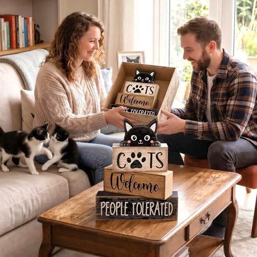 Lineshading 4 Pcs Cat Wooden Sign Set, Farmhouse Tiered Tray Decor - Image 6