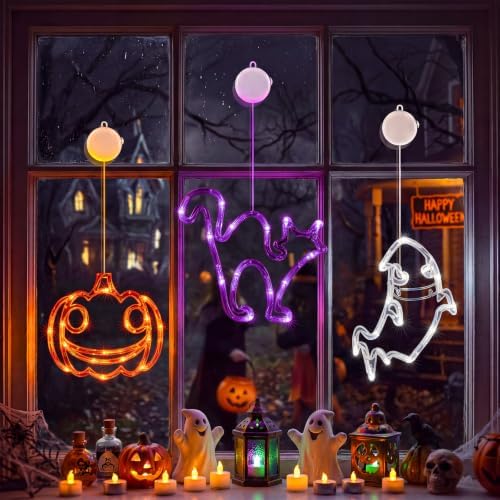 Minetom 3 Pack Halloween Windows Lights - Pumpkin, Ghost, Cat with Timer by Minetom