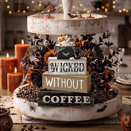 Lineshading 4 Pcs Halloween Coffee Table Decor, Gothic Black Wood Sign Home - Image 6