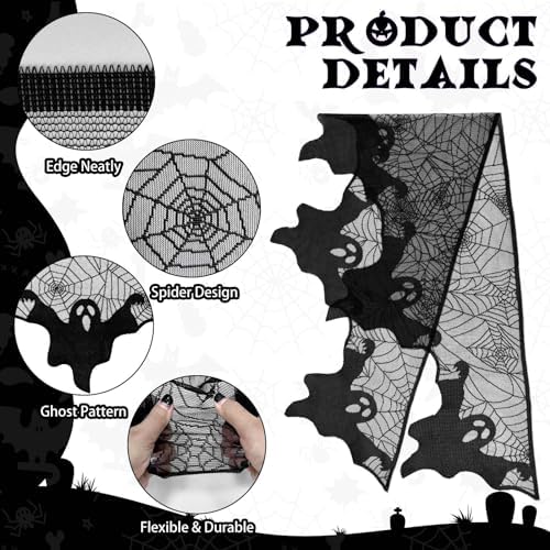 AerWo Halloween Decorations Indoor Ghost Spiderweb Fireplace Mantel Scarf - Image 3