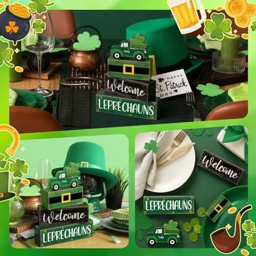 Lineshading 4 Pcs Wooden Leprechaun Block Signs Tiered Tray Decor - Image 6