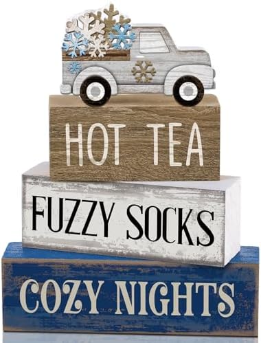 Lineshading 4 Pcs Snowflake Truck Tiered Tray Decor Wooden Block Signs by Lineshading