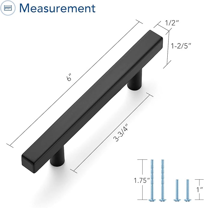 Ravinte Cabinet Handles 30 Pack - 3-3/4 Inch Matte Black Square Pulls, 6 Inch Overall Length - Kitchen Hardware Drawer Pulls