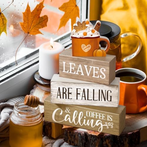 Lineshading 4 Pcs Fall Coffee Table Decor Wooden Pumpkin Latte Block Signs - Image 6