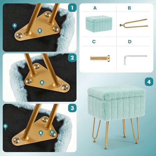 OLIXIS Vanity Stool Chair Faux Fur with Storage, Soft Ottoman 4 Metal Legs with Anti-Slip Feet, Makeup Cute Soft Small Footstool, Modern Style Faux Fur Seat for Makeup, Bedroom Dresser, Mint Green - Image 4