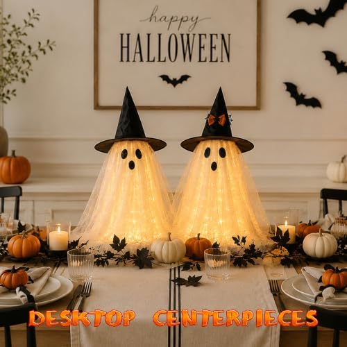 AYGXU 2pcs Halloween Decorations Indoor,Ghost Decor with String Lights Remote Control,Halloween Party Decorations,Spooky Ghost Light for Home Table Room Kitchen Office - Image 3