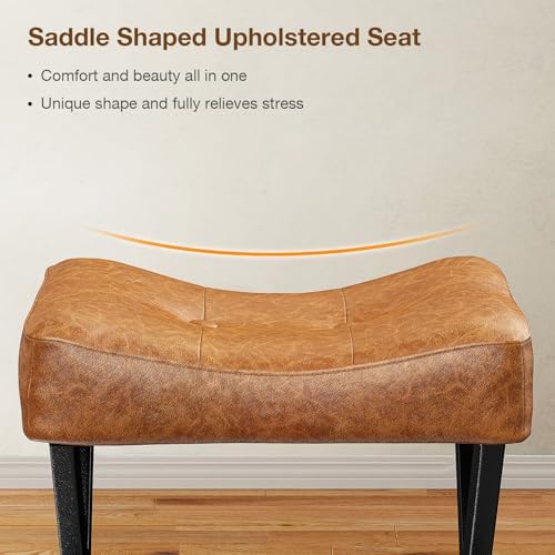 Memobarco 18-Inch Leather Vanity Stool Chair, Brown Saddle Vanity Stool - Image 3
