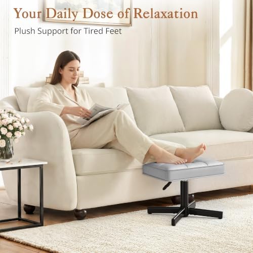 LUE BONA Adjustable Vanity Stool, 15''-19.5'' Foot Rest Under Desk, 360° Swivel Vanity Chair for Makeup Room, Silver Upholstered Faux Leather Ottoman for Bathroom & Living Room, 300lbs - Image 5