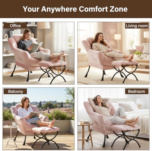 Welnow Lazy Chair with Ottoman, Reading Chair with Footrest, Pink - Image 6