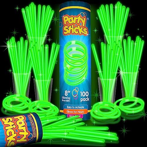 PartySticks Green Glow Sticks - 100pk, 8 Inch Glow in the Dark Light Up Sticks and Connectors for Party Favors, Decorations, Necklaces and Bracelets by PartySticks