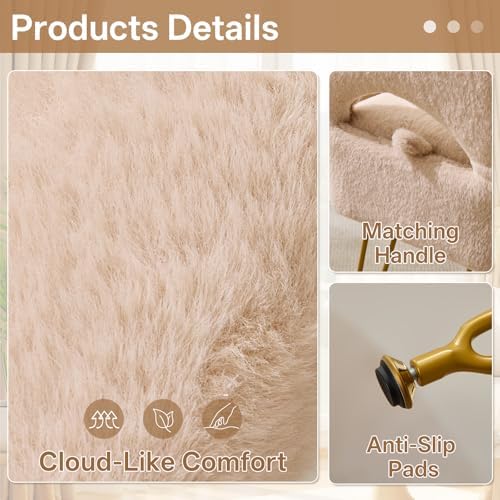 Gitrah Vanity Chair with Storage, Folding Back Faux Fur Vanity Stool, Makeup Ottoman with Gold Legs for Bedroom/Bathroom, Beige - Image 6