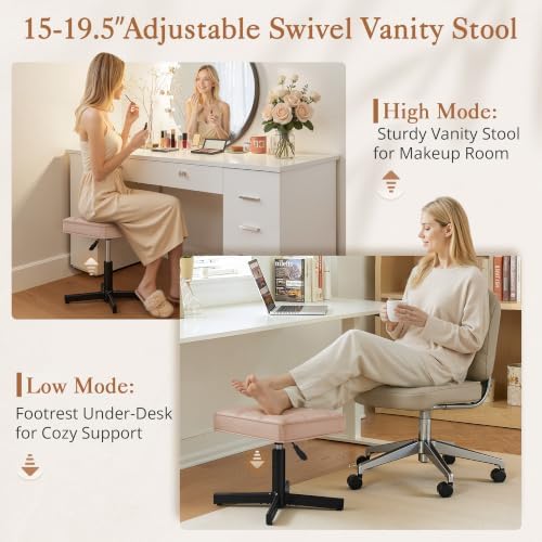 LUE BONA Adjustable Vanity Stool, 15''-19.5'' Foot Rest Under Desk, 360° Swivel Vanity Chair for Makeup Room, Rose Gold Upholstered Faux Leather Ottoman for Bathroom & Living Room, 300lbs - Image 3