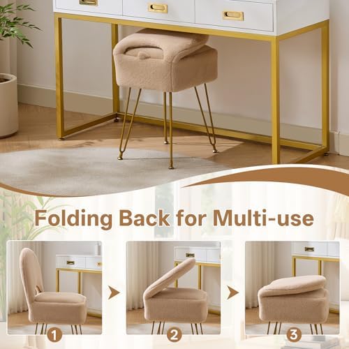 Gitrah Vanity Chair with Storage, Folding Back Faux Fur Vanity Stool, Makeup Ottoman with Gold Legs for Bedroom/Bathroom, Beige - Image 4