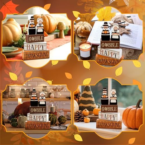 Lineshading 4 Pcs Thanksgiving Pilgrim Decor Wooden Block Signs Tray Set - Image 4