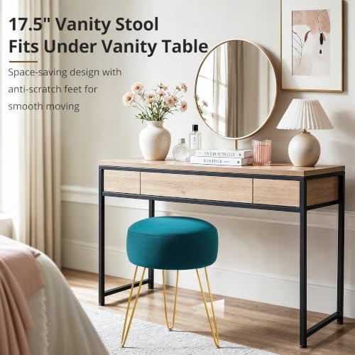 LUE BONA Vanity Stool, Teal Vanity Stools for Makeup Room, Round Ottoman Foot Stool, Velvet Footrest Vanity Chair for Bathroom Vanity, Bedroom, Living Room, Entryway, Offices, 300lbs - Image 4