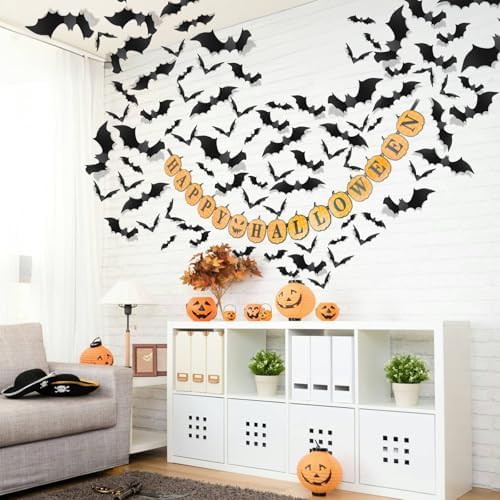 Piteno® 140Pcs Bats Halloween Decorations Party Supplies, Realistic PVC 3D Black Scary Bat Stickers for Creepy Home Decor Halloween Party Decorations DIY Wall Window Decal Bathroom Indoor - Image 5