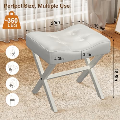 Memobarco 18-Inch Large Leather Vanity Stool Chair, White Makeup Stool - Image 2