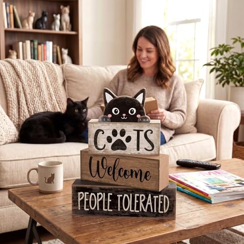 Lineshading 4 Pcs Cat Wooden Sign Set, Farmhouse Tiered Tray Decor - Image 4