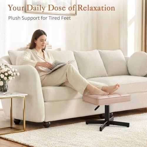 LUE BONA Adjustable Vanity Stool, 15''-19.5'' Foot Rest Under Desk, 360° Swivel Vanity Chair for Makeup Room, Rose Gold Upholstered Faux Leather Ottoman for Bathroom & Living Room, 300lbs - Image 5