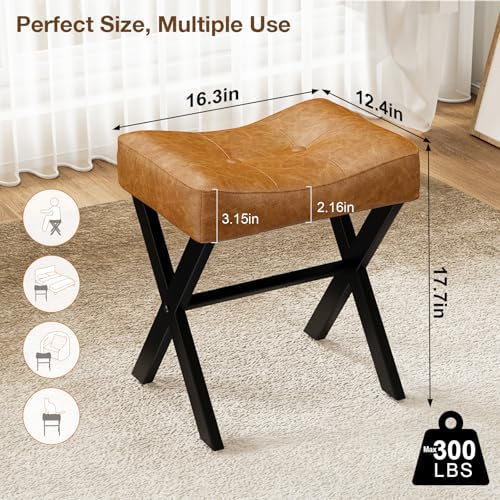 Memobarco 18-Inch Leather Vanity Stool Chair, Brown Saddle Vanity Stool - Image 2