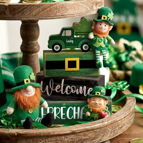 Lineshading 4 Pcs Wooden Leprechaun Block Signs Tiered Tray Decor - Image 2