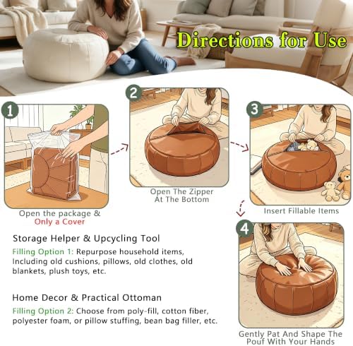 Thgonwid Unstuffed Moroccan Ottoman Pouf Cover, Ottoman Footstool Storage Solution, Bean Bag Chair, Foot Rest, Ivory White - Image 5