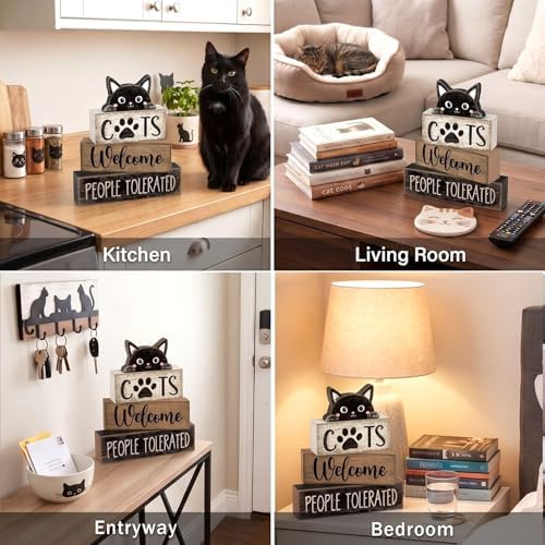 Lineshading 4 Pcs Cat Wooden Sign Set, Farmhouse Tiered Tray Decor - Image 5