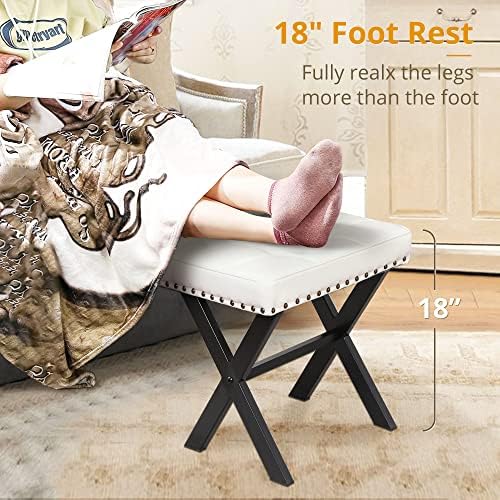 LUE BONA White Vanity Stool - Square Faux Leather Makeup Seat With Metal X Legs, Small Ottoman Chair for Makeup Room, Living Room, Bathroom - Padded Foot Rest - Image 4
