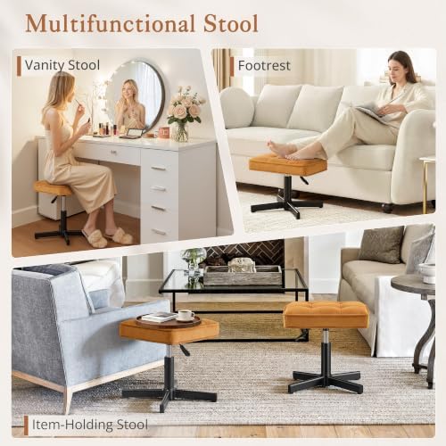 LUE BONA Adjustable Vanity Stool, 15''-19.5'' Foot Rest Under Desk, 360° Swivel Vanity Chair for Makeup Room, Ginger Yellow Upholstered Suede Ottoman for Bathroom & Living Room, 300lbs - Image 6