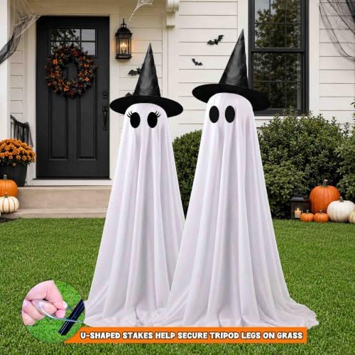 2 Pack Halloween Ghost Decorations, Light Up Ghosts with Witch Hat and Remote Control String Lights, Spooky DIY Ghost Kit for Outdoor Halloween Decorations Porch Yard Garden Lawn Indoor Party - Image 5