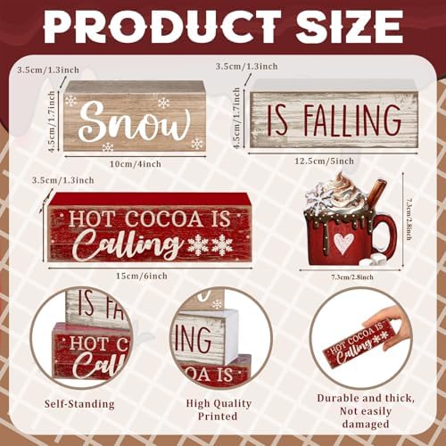Lineshading 4 Pcs Christmas Table Decor, Hot Cocoa Wood Block Sign Home Set - Image 3