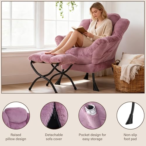 Welnow Lazy Chair with Ottoman, Reading Chair with Footrest,Mauve Purple - Image 4