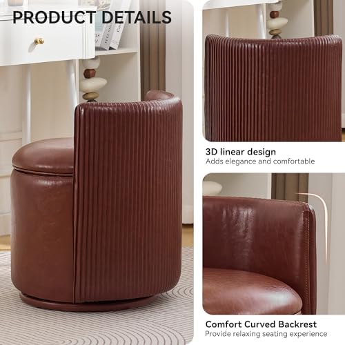 WUTUTUEE Faux Leather Vanity Chair with Storage, 360° Swivel Makeup Chair with Pleated Back, No Assembly Small PU Accent Stool for Bedroom, Dressing Room, Living Room, Brown - Image 3