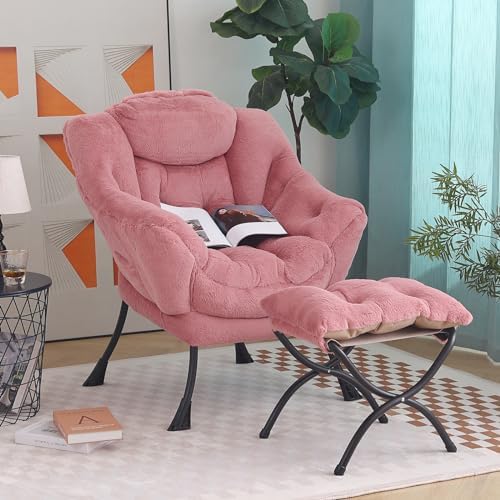 Tiita Lazy Chair with Ottoman, Comfy Reading Accent Chair, Plush Dark Pink - Image 6