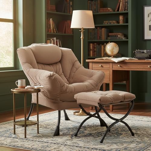 Welnow Lazy Chair with Ottoman, Reading Chair with Footrest, Light Brown - Image 2