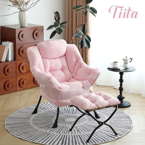Tiita Lazy Chair with Ottoman, Comfy Reading Accent Chair, Pink - Image 4