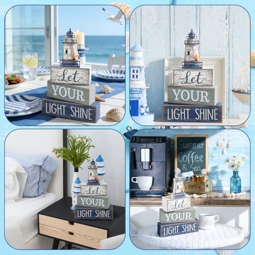 Lineshading 4 Pcs Lighthouse Coastal Decor Wooden Block Signs Rustic - Image 4
