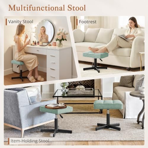 LUE BONA Adjustable Vanity Stool, 15''-19.5'' Foot Rest Under Desk, 360° Swivel Vanity Chair for Makeup Room, Green Upholstered Faux Leather Ottoman for Bathroom & Living Room, 300lbs - Image 6